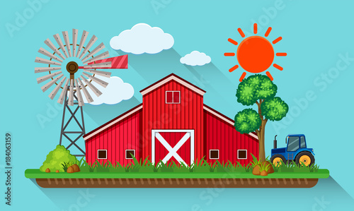 Big red barn and blue tractor