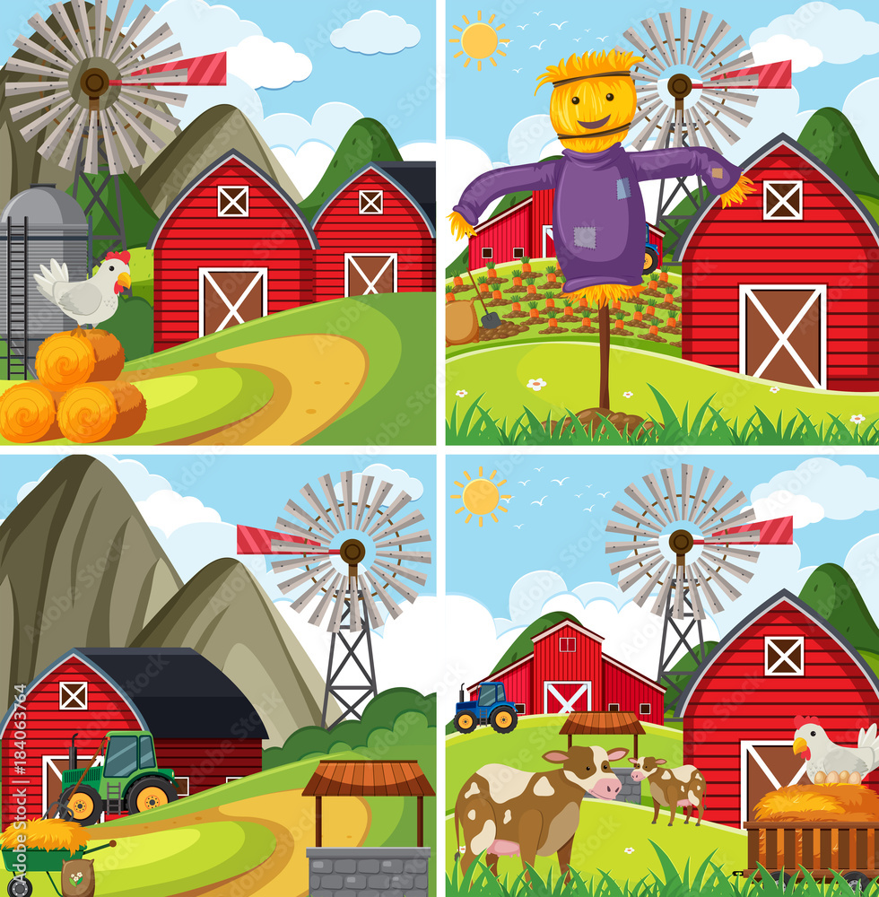 Four farm scenes with red barn and farm animals