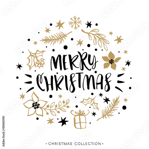 Merry Christmas. Winter Holiday greeting card with calligraphy. Hand drawn design elements. Handwritten modern lettering.