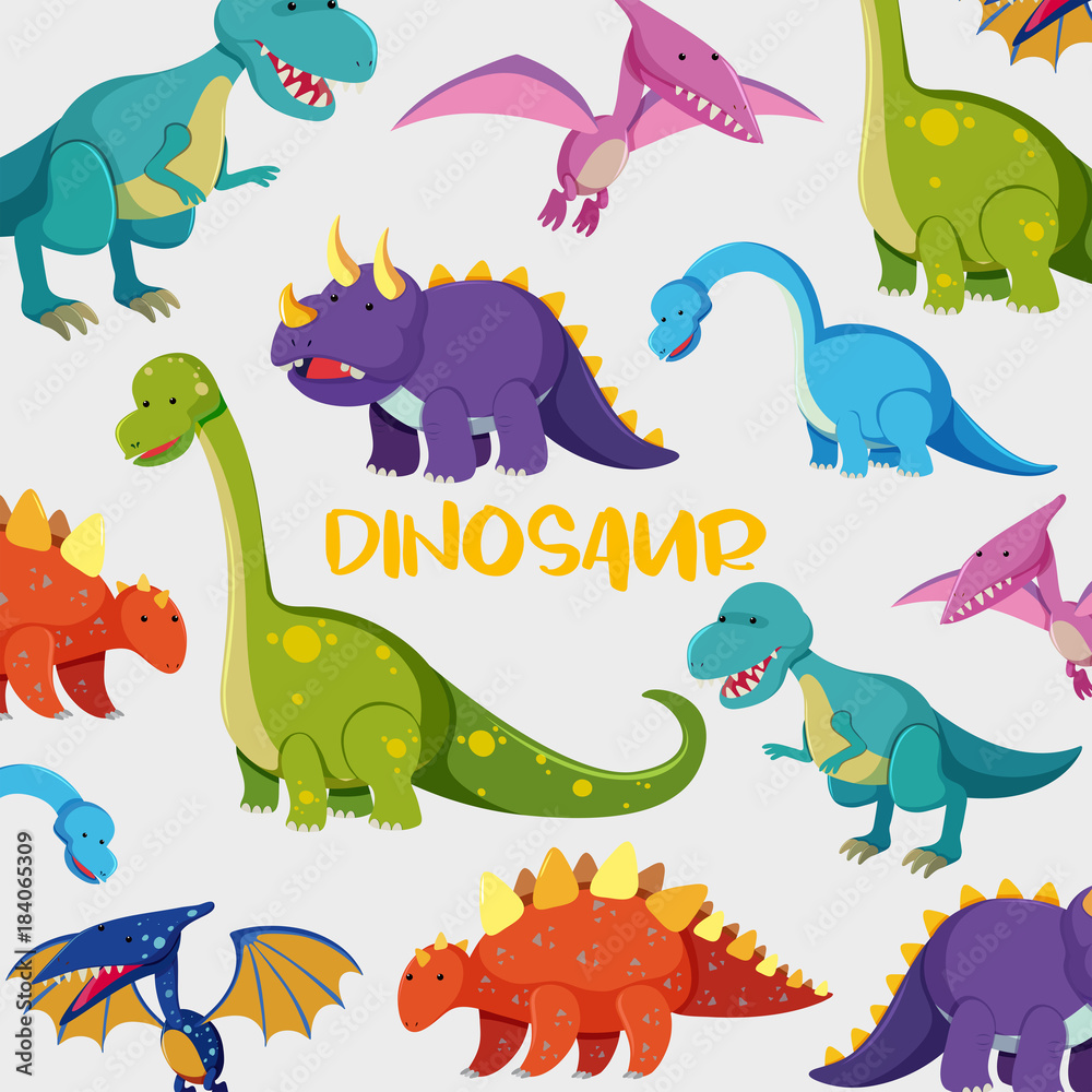 Naklejka Background design with many cute dinosaurs