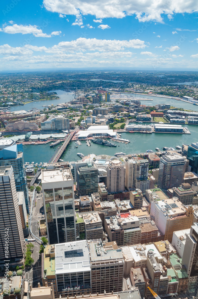 Aerial view of Sydney CBD with Darling Harbour and Pyrmont suburb