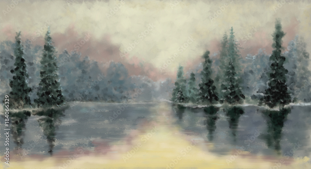 Winter paintings landscape, oil digital art