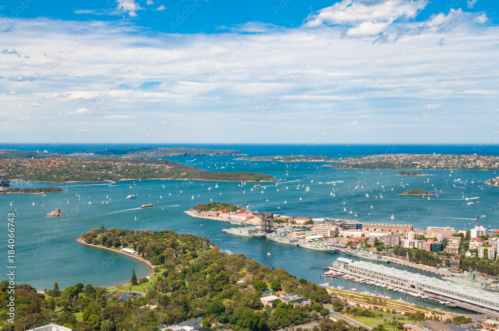 Aerial view of picturesque Sydney Harbour on sunny day