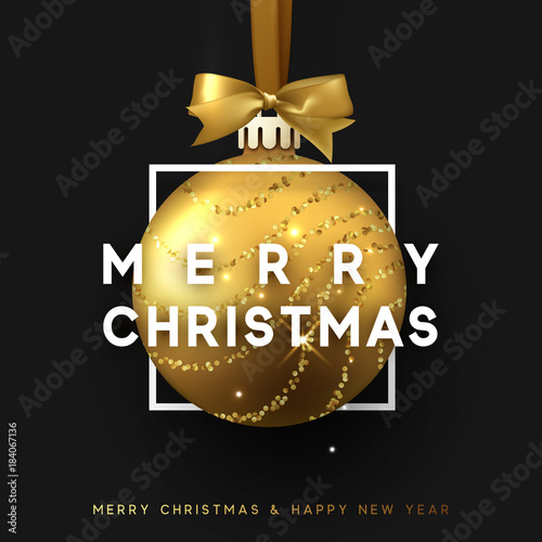 Christmas bauble on black background. Xmas gold ball in square frame is on the ribbon with bow. Vector greeting card, poster, banner