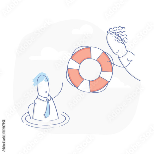 Support operator with lifebuoy tries to help the client, Business Customer care Service, User Support, Phone Assistant, Online Help. Specialist solve problem online. Flat layout style vector