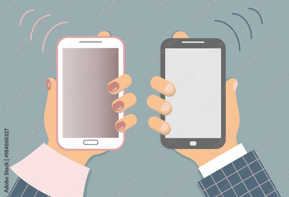 The mobile phones in the female`s and male`s hands. A sleeves of the