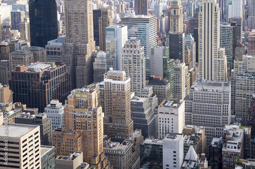 Aerial view of the urban skyscraper canyons of the New York City skyline in Midtown Manhattan