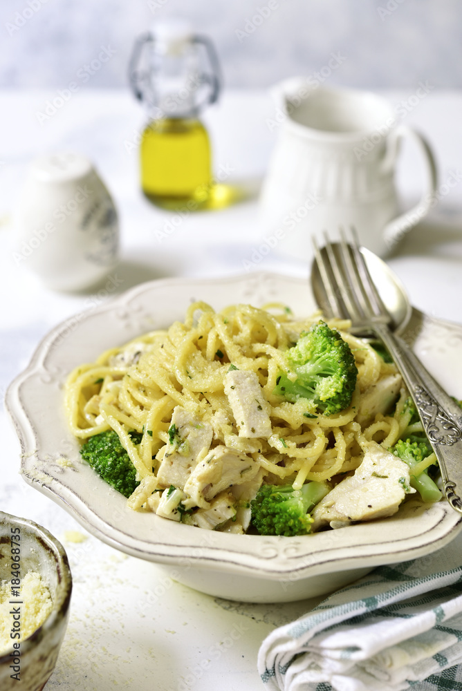 Spaghetti with broccoli,chicken fillet and parmesan. Spaghetti with broccoli,chicken fillet and parmesan.