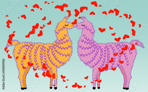 Two lovers kissing llamas surrounded by hearts. Love in the air, postcard to the day of Saint Valentine