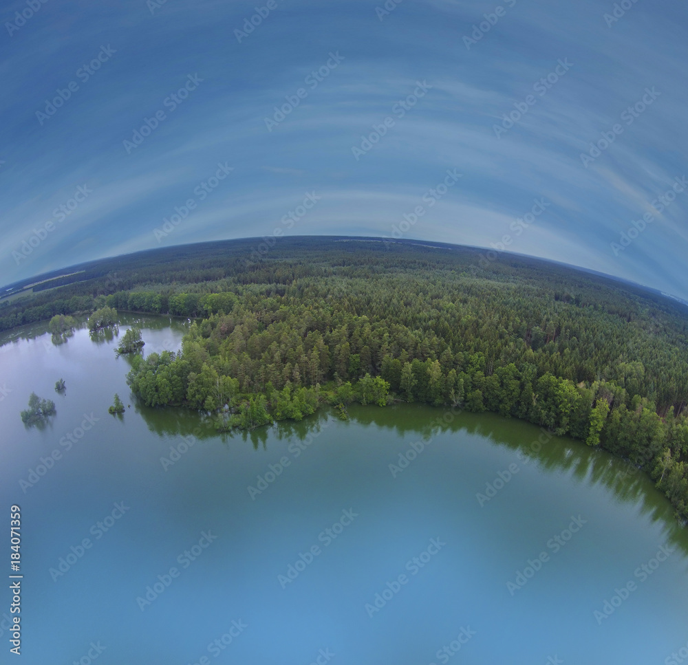 pond and blue sky - aerial view