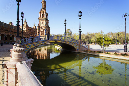Fototapeta Naklejka Na Ścianę i Meble -  A beautiful view of Spanish Square, Plaza de Espana, in Seville