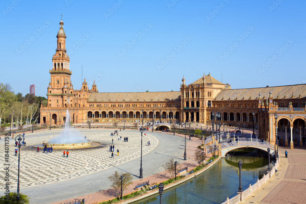 A beautiful view of Spanish Square, Plaza de Espana, in Seville A beautiful view of Spanish Square, Plaza de Espana, in Seville