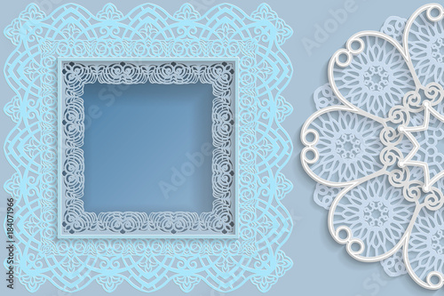 Template for design -  square frame with lace edges and  3D mandala on the side. Template for wedding and other congratulations. There is a place in the frame for text, pictures, photos. Vector.