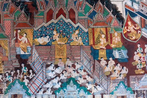 Ancient traditional mural painting in temple Thailand.