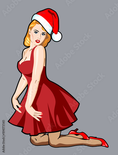 Image of a sexy girl in a traditional style of Old school in the Santa Claus hat 