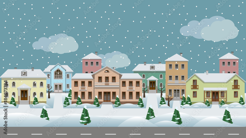 Vector urban landscape. Set of town houses along city street Vector urban landscape. Set of town houses along city street