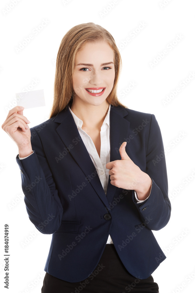 Beautiful caucasian business woman holding personal card. Beautiful caucasian business woman holding personal card.