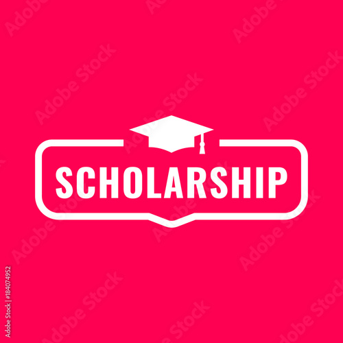 Scholarship. Badge with graduation hat icon. Flat vector illustration on red background. 