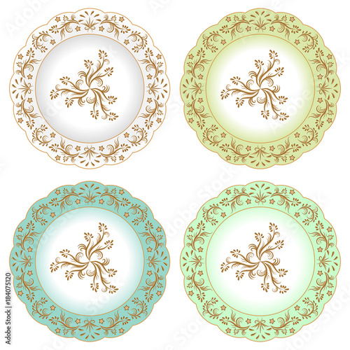 Set of decorative porcelain plates ornate with oriental golden vintage pattern