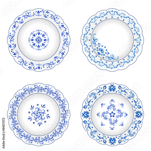 Set of decorative porcelain plates ornate  in traditional Russian style Gzhel