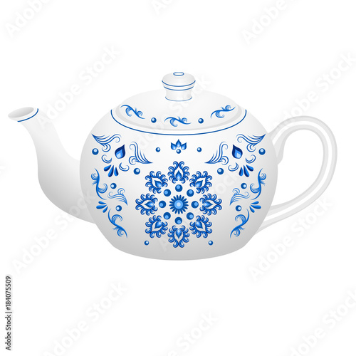 Porcelain teapot for tea set ornate in traditional Russian style Gzhel
