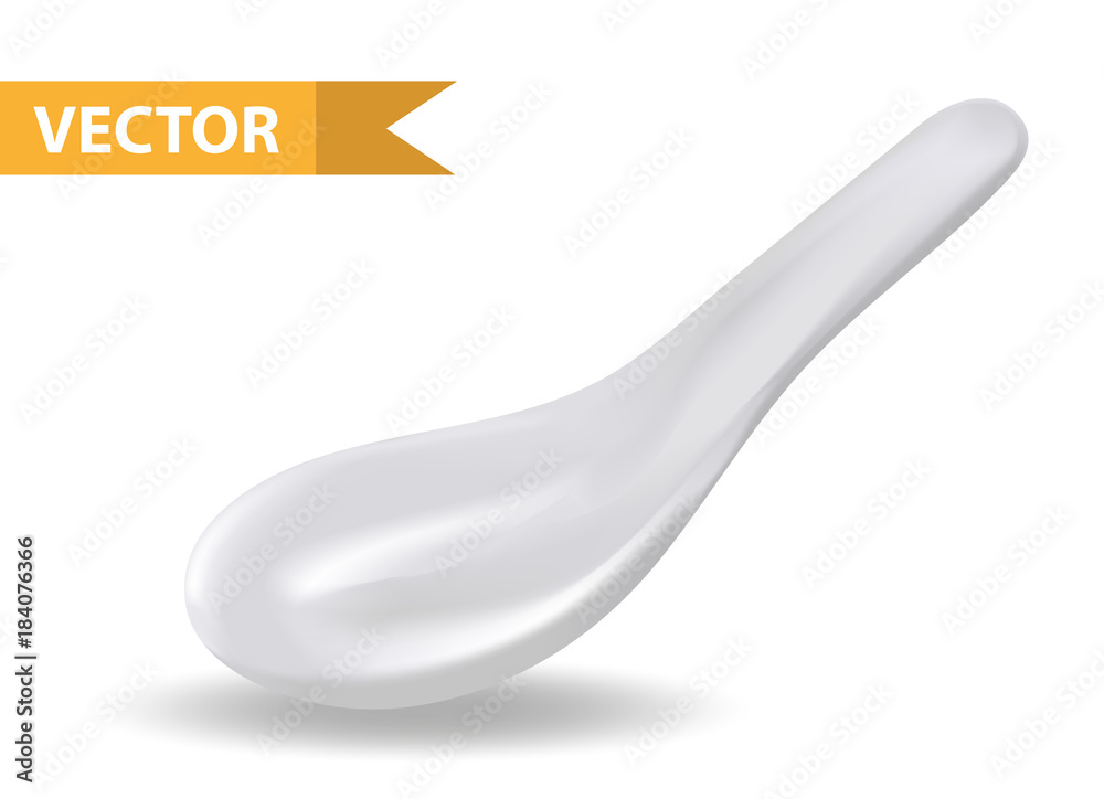 White ceramic spoon for soup or sauce. 3d realistic style. Asian, Chinese kitchen utensils. Isolated on white background. Empty dishes. Vector illustration White ceramic spoon for soup or sauce. 3d realistic style. Asian, Chinese kitchen utensils. Isolated on white background. Empty dishes. Vector illustration