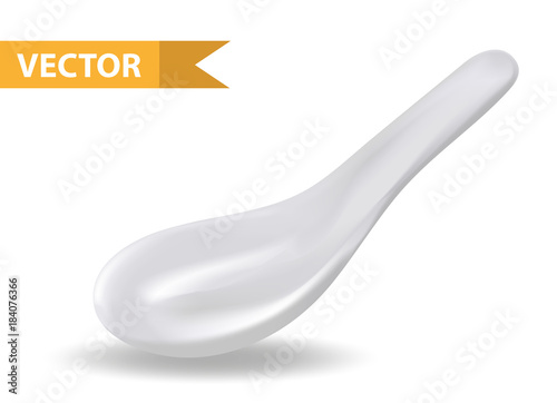 White ceramic spoon for soup or sauce. 3d realistic style. Asian, Chinese kitchen utensils. Isolated on white background. Empty dishes. Vector illustration