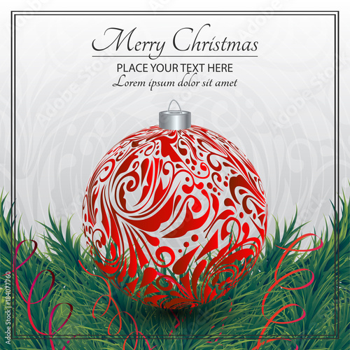 Christmas card. Christmas tree decorated with the toy and ribbons. Ornamented background.
