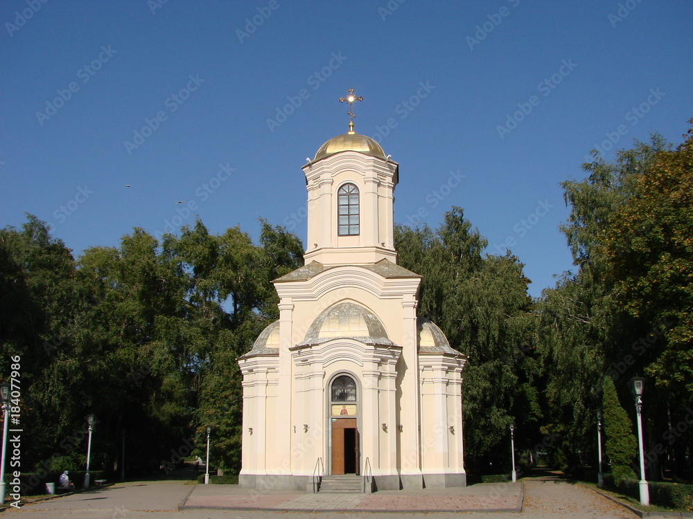 Gold dome of the Orthodox church against the blue sky.