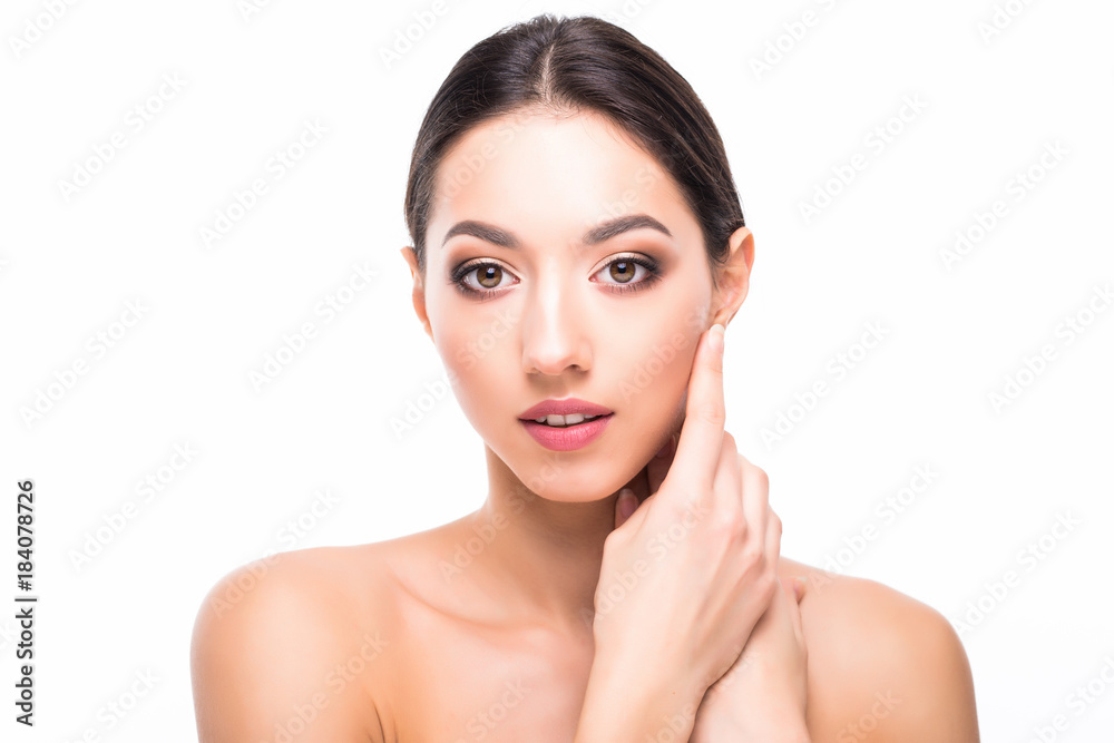 Beautiful elegant young woman with natural nude make up. Professional makeup, perfect skin on white background Beautiful elegant young woman with natural nude make up. Professional makeup, perfect skin on white background