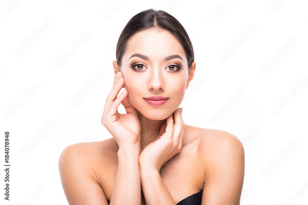 Beautiful Young Woman with Clean Fresh Skin touch own face . Facial treatment . Cosmetology , beauty and spa . Beautiful Young Woman with Clean Fresh Skin touch own face . Facial treatment . Cosmetology , beauty and spa .