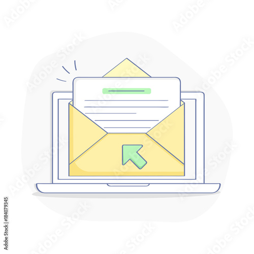 Opened envelope, message, subscription letter or email. Incoming inbox message or email has been read. Envelope with cursor arrow. Modern trendy design UI element. 