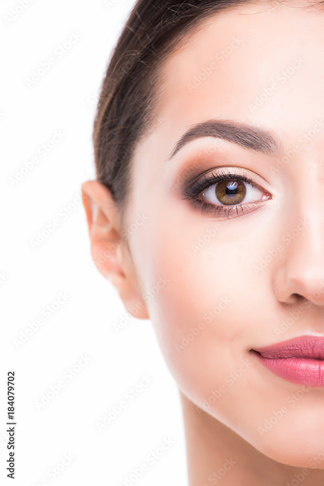 Beautiful Face of Young Woman with Clean Fresh Skin close up isolated on white. Beautiful Spa Woman Smiling. Perfect Fresh Skin. Pure Beauty Model. Youth and Skin Care Concept Beautiful Face of Young Woman with Clean Fresh Skin close up isolated on white. Beautiful Spa Woman Smiling. Perfect Fresh Skin. Pure Beauty Model. Youth and Skin Care Concept