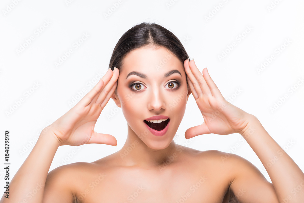 Beautiful excited Woman Face Portrait Beauty Skin Care Concept Beautiful beauty young female model girl touching her face skin cheeks hands fingers. Fashion Beauty Model Beautiful excited Woman Face Portrait Beauty Skin Care Concept Beautiful beauty young female model girl touching her face skin cheeks hands fingers. Fashion Beauty Model