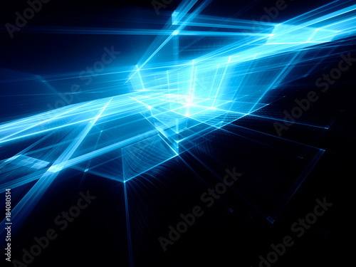 Abstract blue and black background element. Fractal graphics series. Three-dimensional composition of repeating grids. Information technology concept.