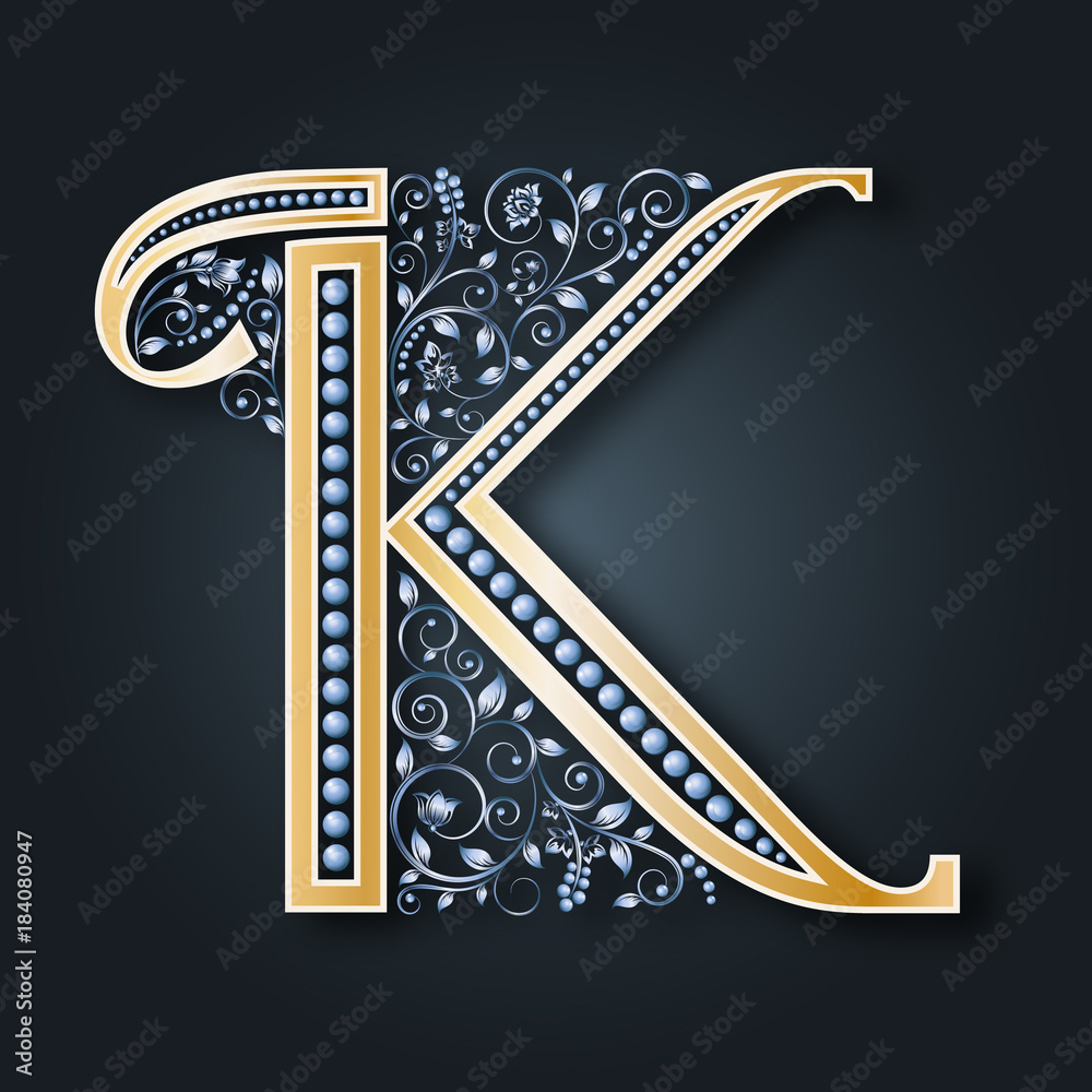 Vector letter K. Golden alphabet on a dark background. A graceful heraldic  symbol. The initials of the monogram. Interlacing of silver flowers and  leaves. Luxurious emblem for weddings, invitations. Stock Vector |
