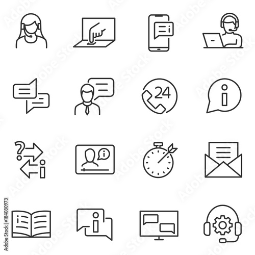 Support service linear icons. Assistance in technical and other matters. telephone operator and web help. Line with editable stroke.