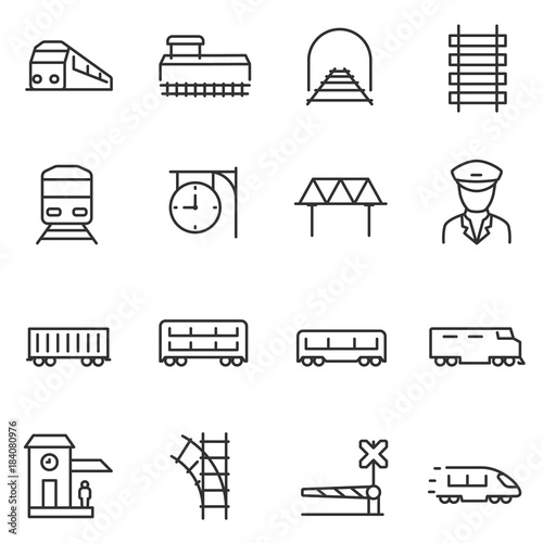 train and railways icon set. intercity, international, freight trains, linear icons. Line with editable stroke photo