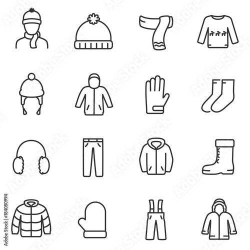 Winter clothes icons set. Jackets  a sweater with deer  gloves and more  linear desig. Line with editable stroke