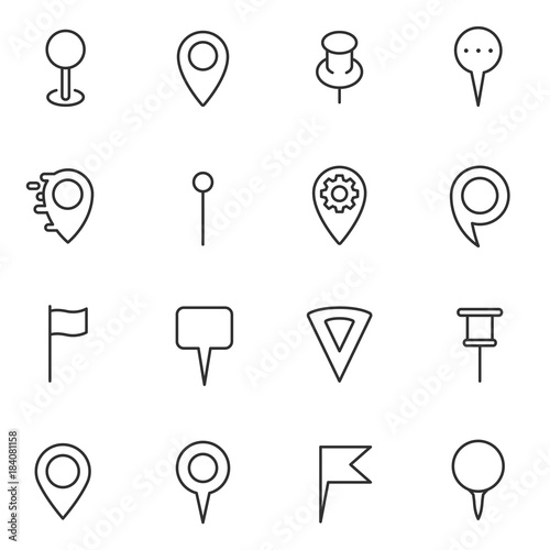 Map pin markers and pointers icons set. Line with Editable stroke