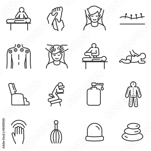 Massage linear icons set. relaxing spa and medical massage of various parts of the body, acupuncture.Line with editable stroke