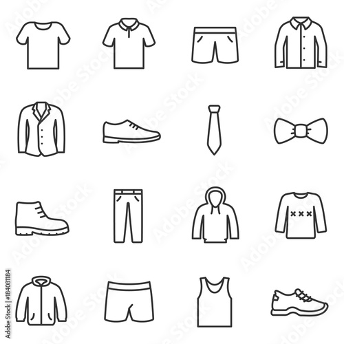 Clothing for men icons set. Collection of various clothes. Line with Editable stroke