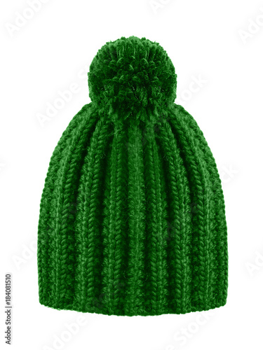 Dark green woolen winter cap hat with a pom pom pompon isolated on white