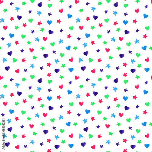 Watercolor hearts and stars pattern. For design, print or background