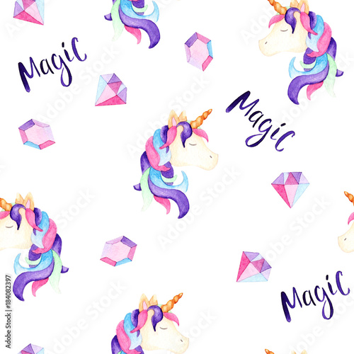 Watercolor magical unicorn pattern. For design, print or background