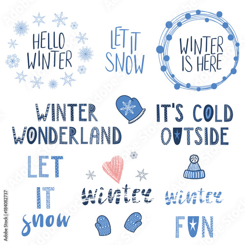 Collection of different winter, snow quotes, typographic elements, with hand drawn mittens, snowflakes. Isolated objects on white background. Vector illustration. Design concept season change.