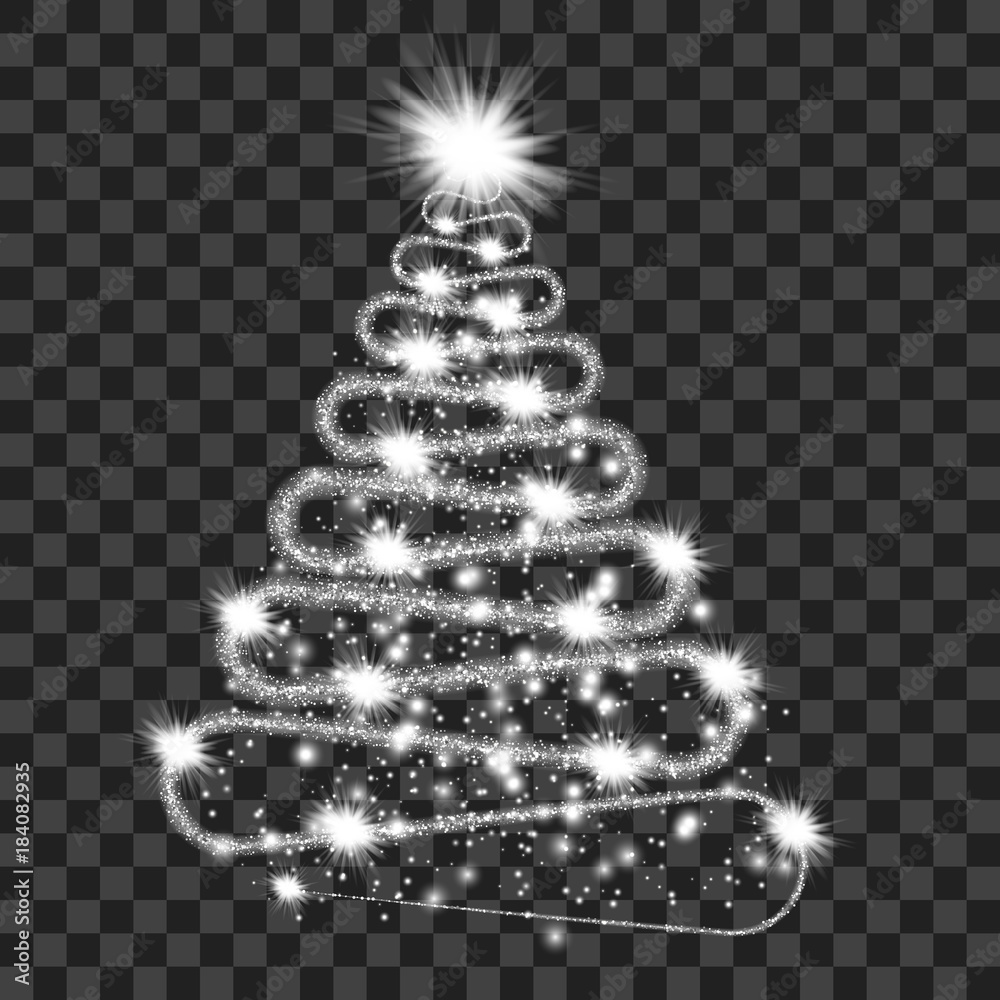 Silver particle wave in form of christmas tree with bright shining and glowind particles isolated on transparent background. Glitter bright trail, glowing wave vector illustration Silver particle wave in form of christmas tree with bright shining and glowind particles isolated on transparent background. Glitter bright trail, glowing wave vector illustration
