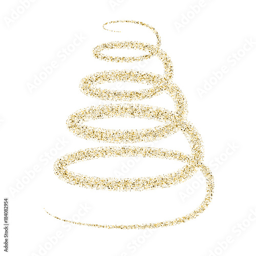 Golden particle wave in form of christmas tree isolated on white background. Glitter trail vector illustration