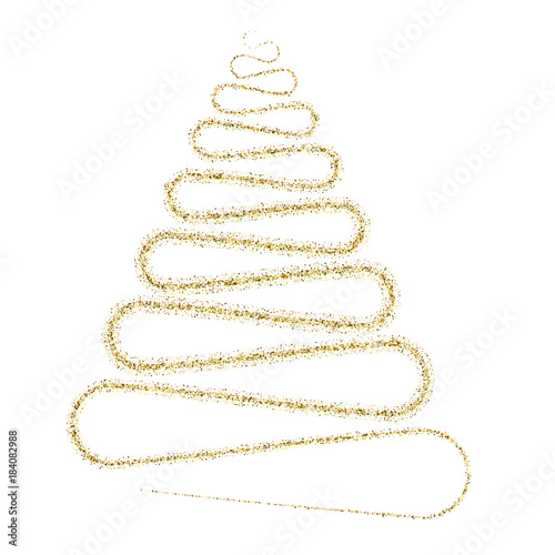 Golden particle wave in form of christmas tree isolated on white background. Glitter trail vector illustration