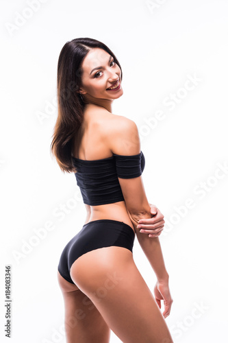 Female sexy body in black underwear. Woman body care. Perfect woman body on white background